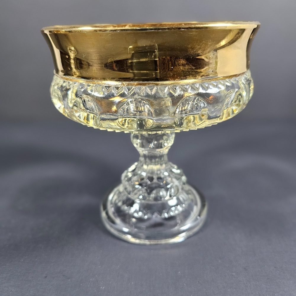 Vtg Midcentury Indiana Glass Compote Candy Dish Kings Crown Thumbprint Gold Rim